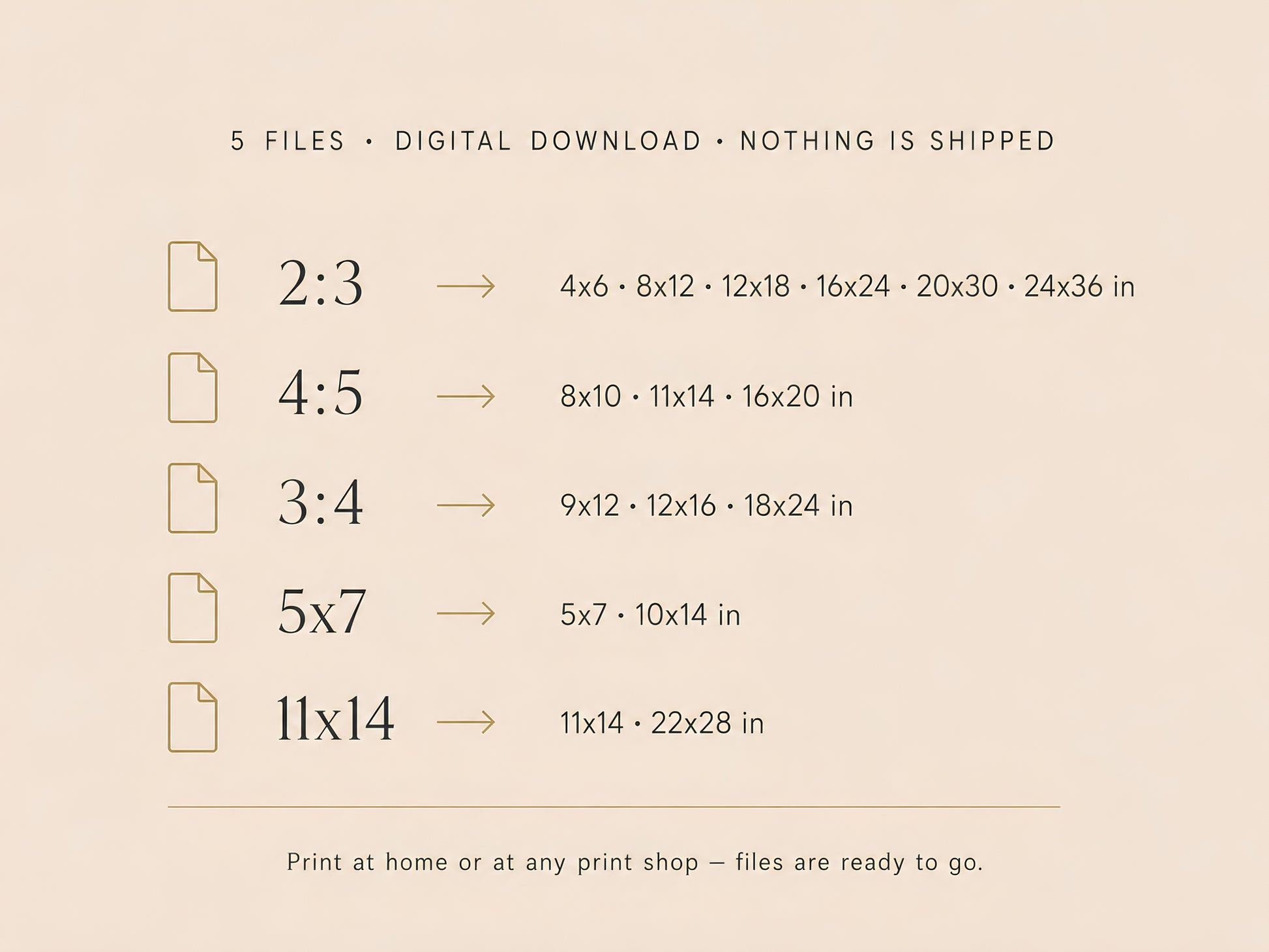 What's Included infographic listing all five file ratios — 2:3, 4:5, 3:4, 5×7, 11×14 — with print sizes on a cream background

