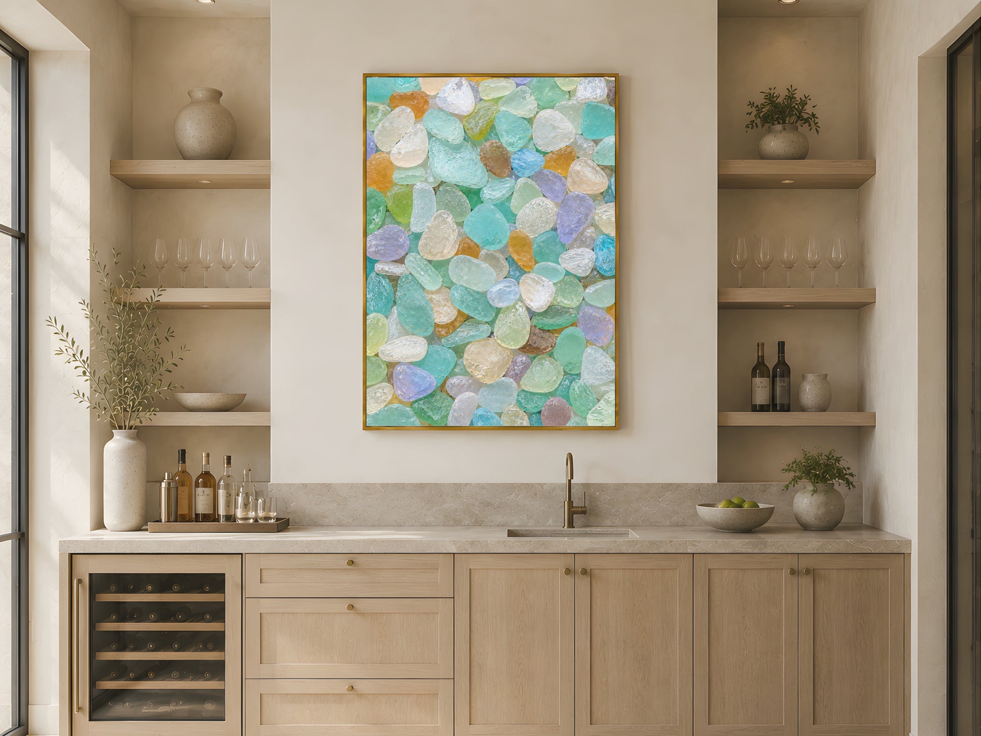 Multicolor sea glass print in gold frame in neutral coastal kitchen with oak shelving and warm light