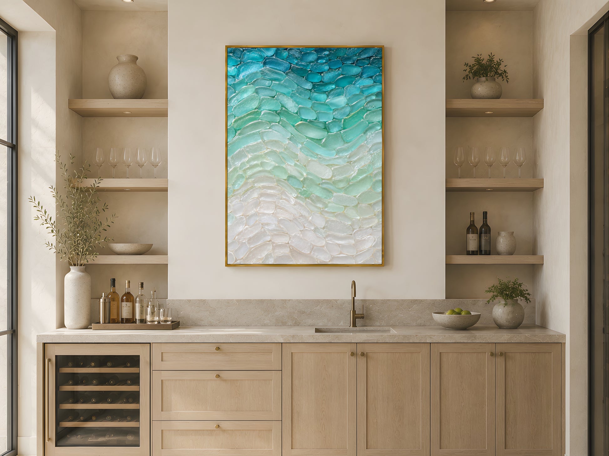 Sea glass wall art in gold frame in neutral coastal kitchen with oak shelving and warm natural light