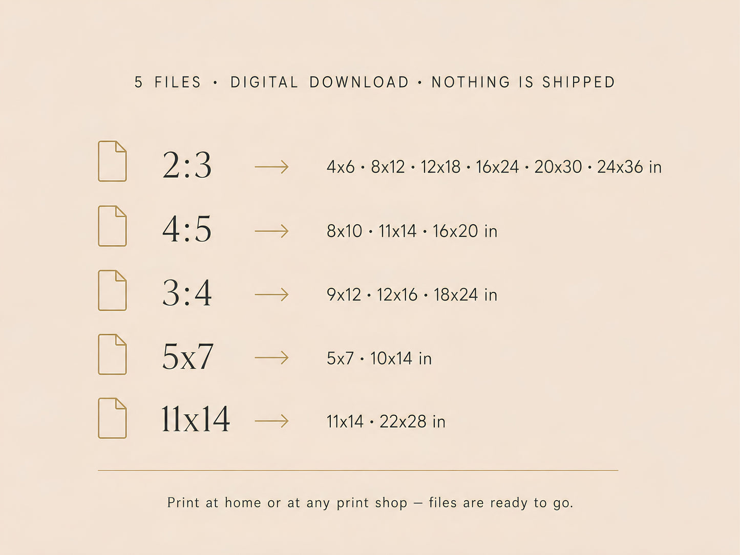 What's Included infographic listing all five file ratios — 2:3, 4:5, 3:4, 5×7, 11×14 — with print sizes on a cream background

