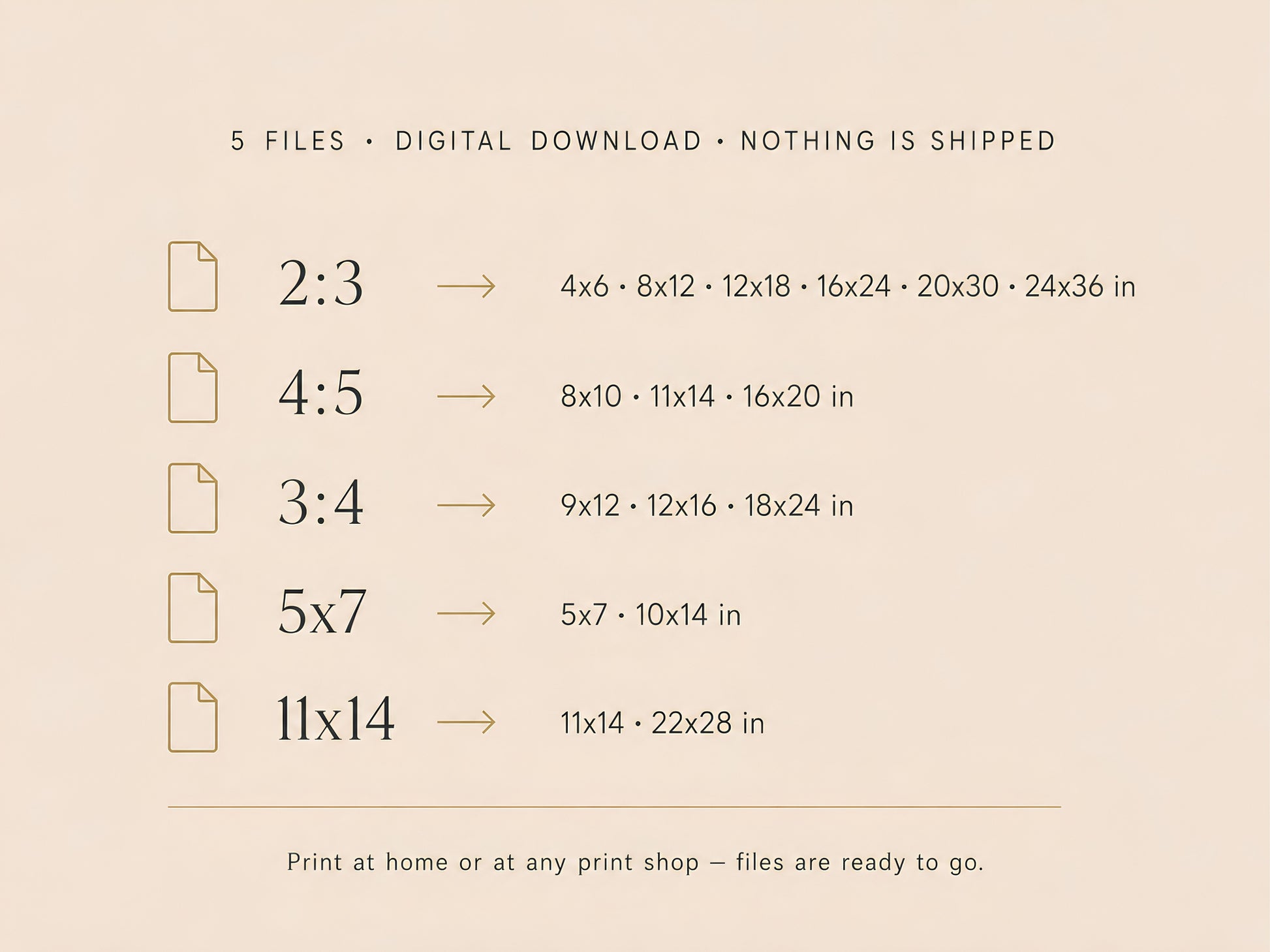 What's Included infographic listing all five file ratios — 2:3, 4:5, 3:4, 5×7, 11×14 — with print sizes on a cream background

