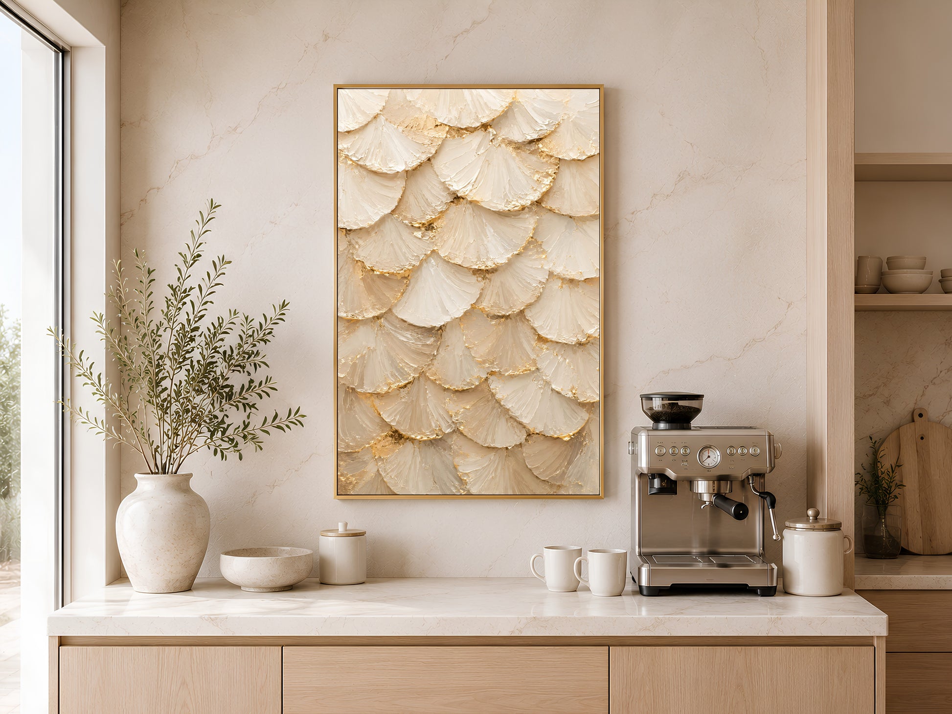 Ginkgo leaf wall art print displayed above kitchen counter near coffee machine and vases
