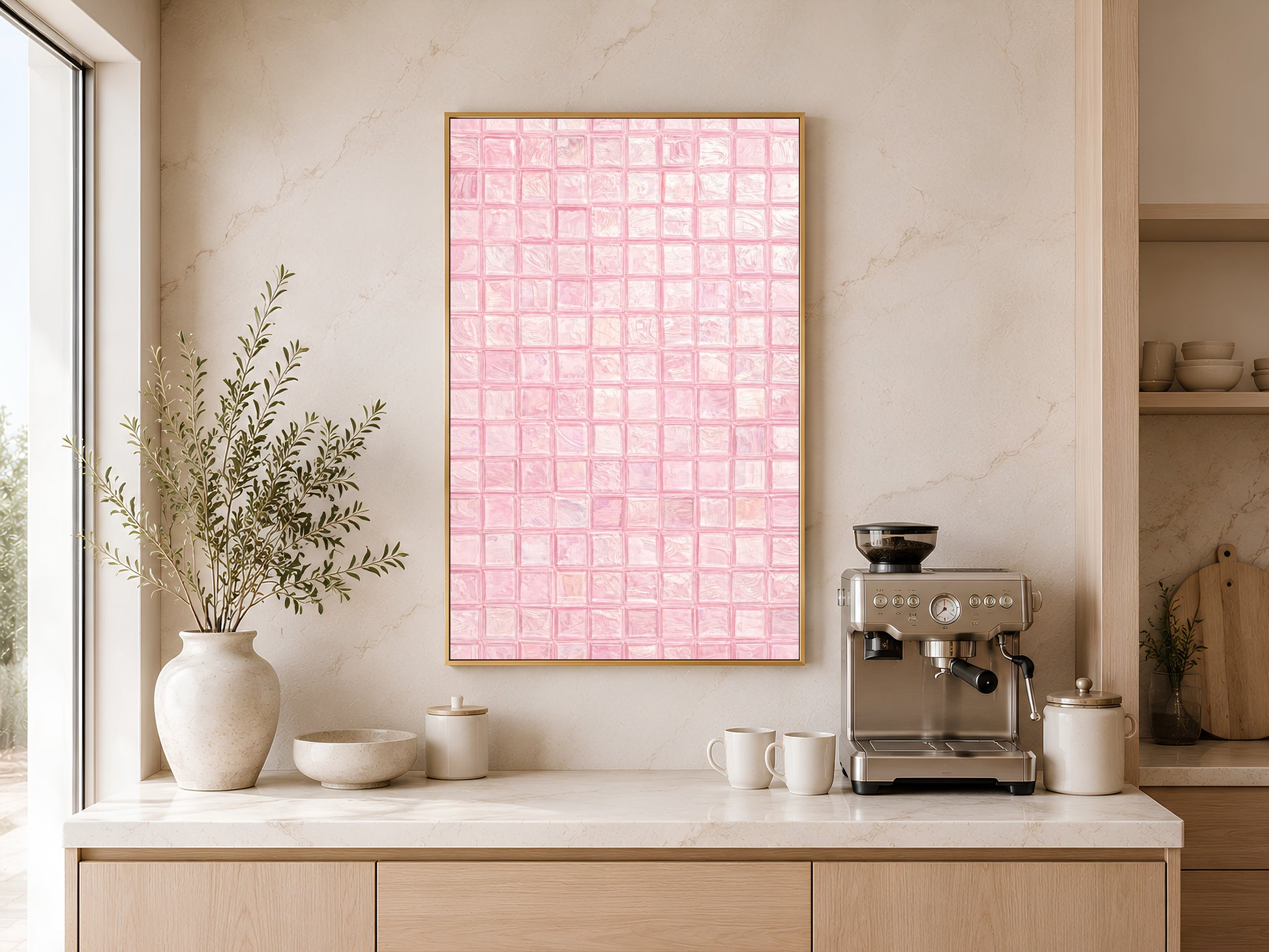 Blush pink mosaic tile wall art in a gold frame above a sideboard with cream ceramic vessels and olive tree in a warm minimal living space
