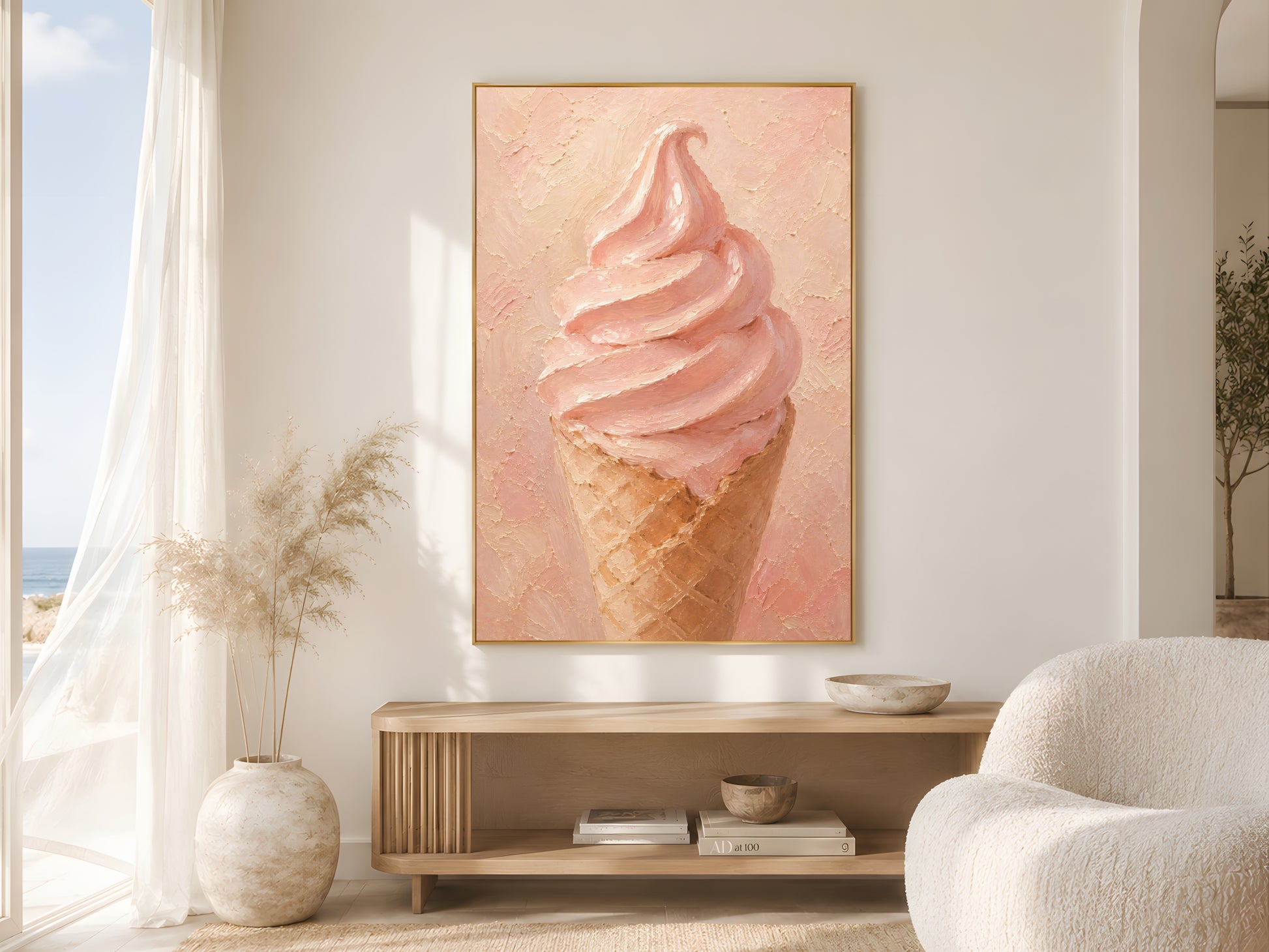 Pink ice cream wall art printable above modern neutral sofa, soft girl apartment decor, pastel dessert art digital download