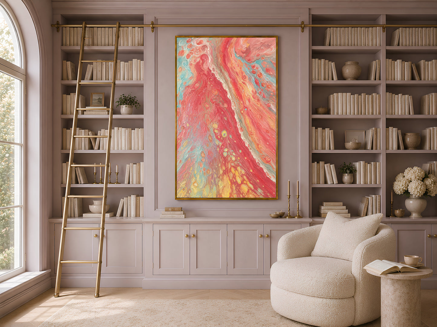 Coral red abstract swirl wall art in gold frame in elegant home library with built-in shelving and armchair
