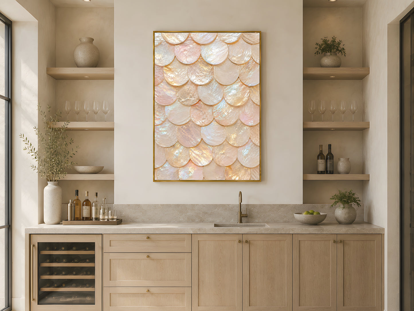 
Capiz honeycomb tile print in gold frame in neutral coastal kitchen with oak shelving and warm natural light