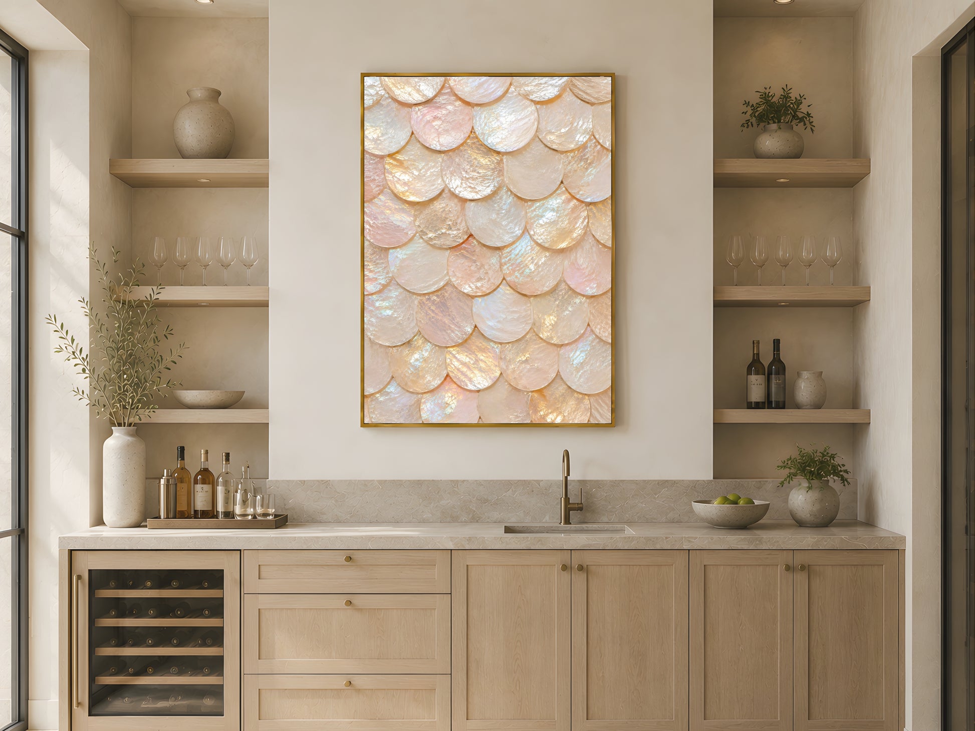 
Capiz honeycomb tile print in gold frame in neutral coastal kitchen with oak shelving and warm natural light