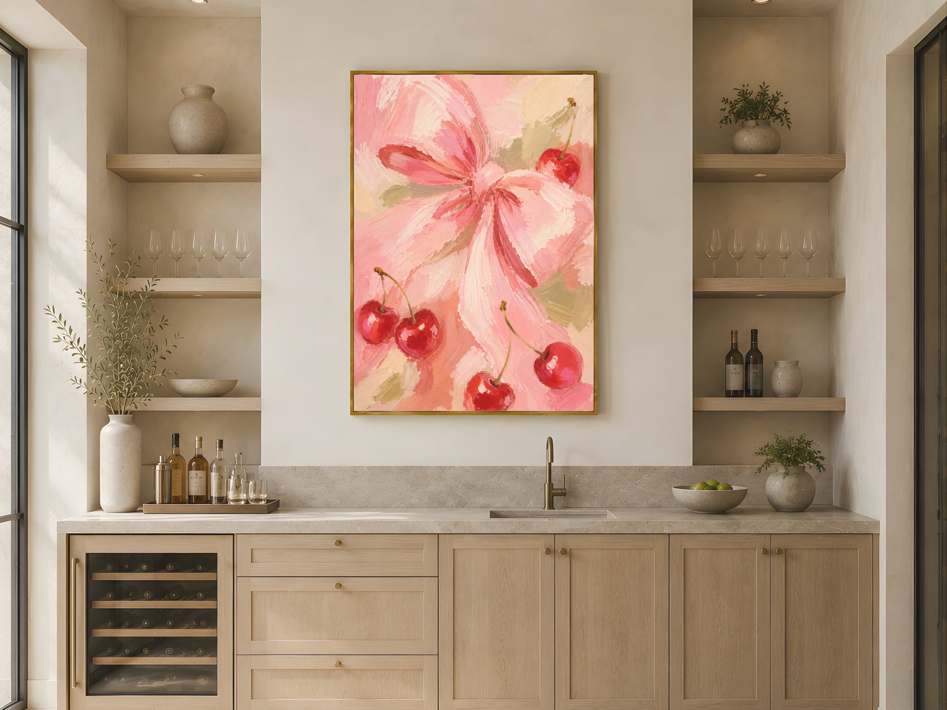 
Pink cherry bow wall art in gold frame above a modern kitchen sideboard with open wood shelving