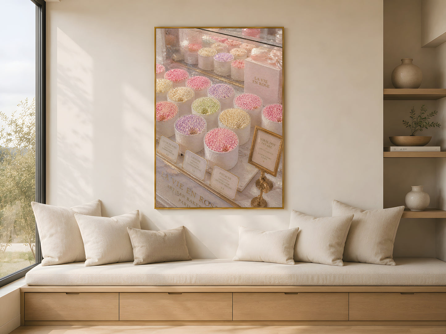 Paris bakery dot cake wall art print in a gold frame above a cream linen sofa in a bright minimal Scandinavian living room with soft afternoon light

