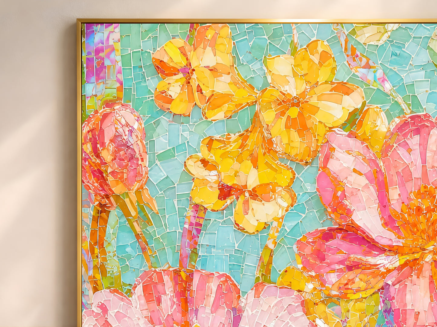 Close-up detail of mosaic flower wall art showing crackled tile texture in deep rose, bubblegum pink, golden yellow, and aqua tones
