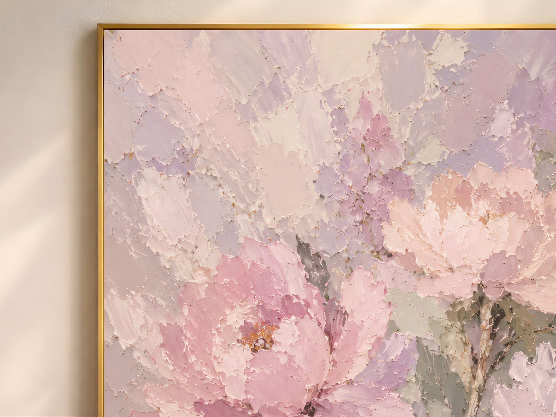 Close-up detail of peony wall art in a gold frame showing thick impasto brushwork in dusty rose, soft lavender, antique blush, and sage green leaf tones
