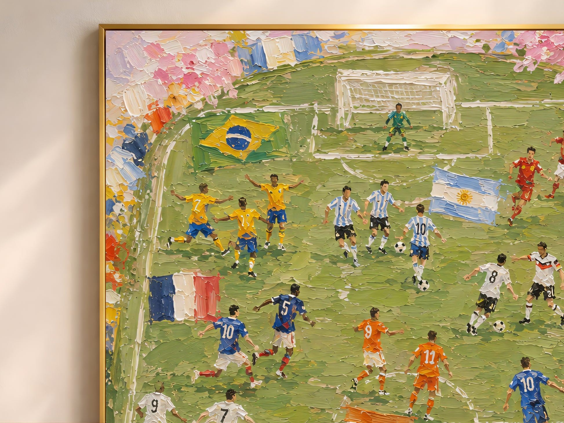 Close-up detail of World Cup 2026 impasto wall art showing aerial football pitch with players in national team kits and scattered international flags in thick painterly brushwork

