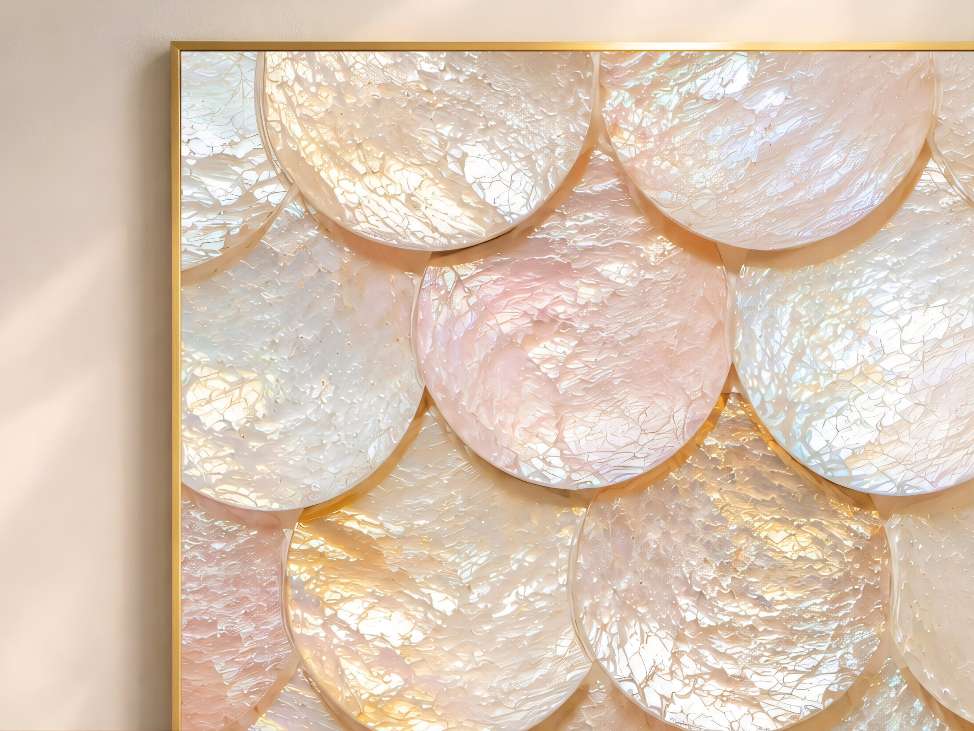 Close up of capiz shell wall art showing overlapping iridescent blush pink champagne and ivory shell scales