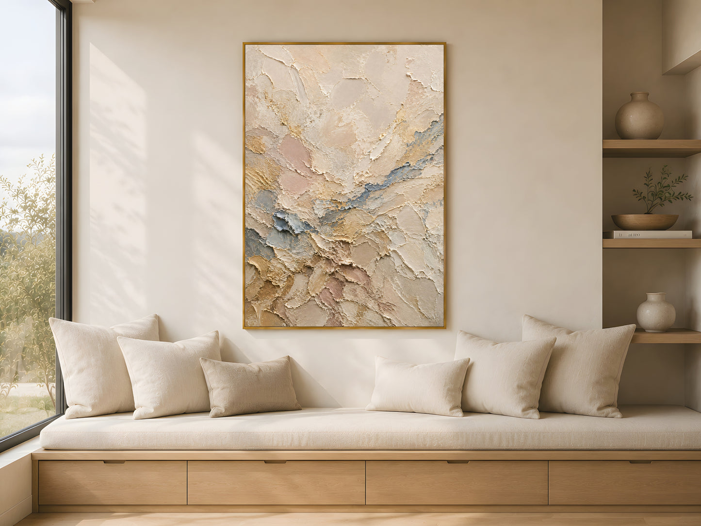 Neutral abstract impasto wall art print in a gold frame above a low linen bench in a bright Japandi living room with cream cushions and warm light
