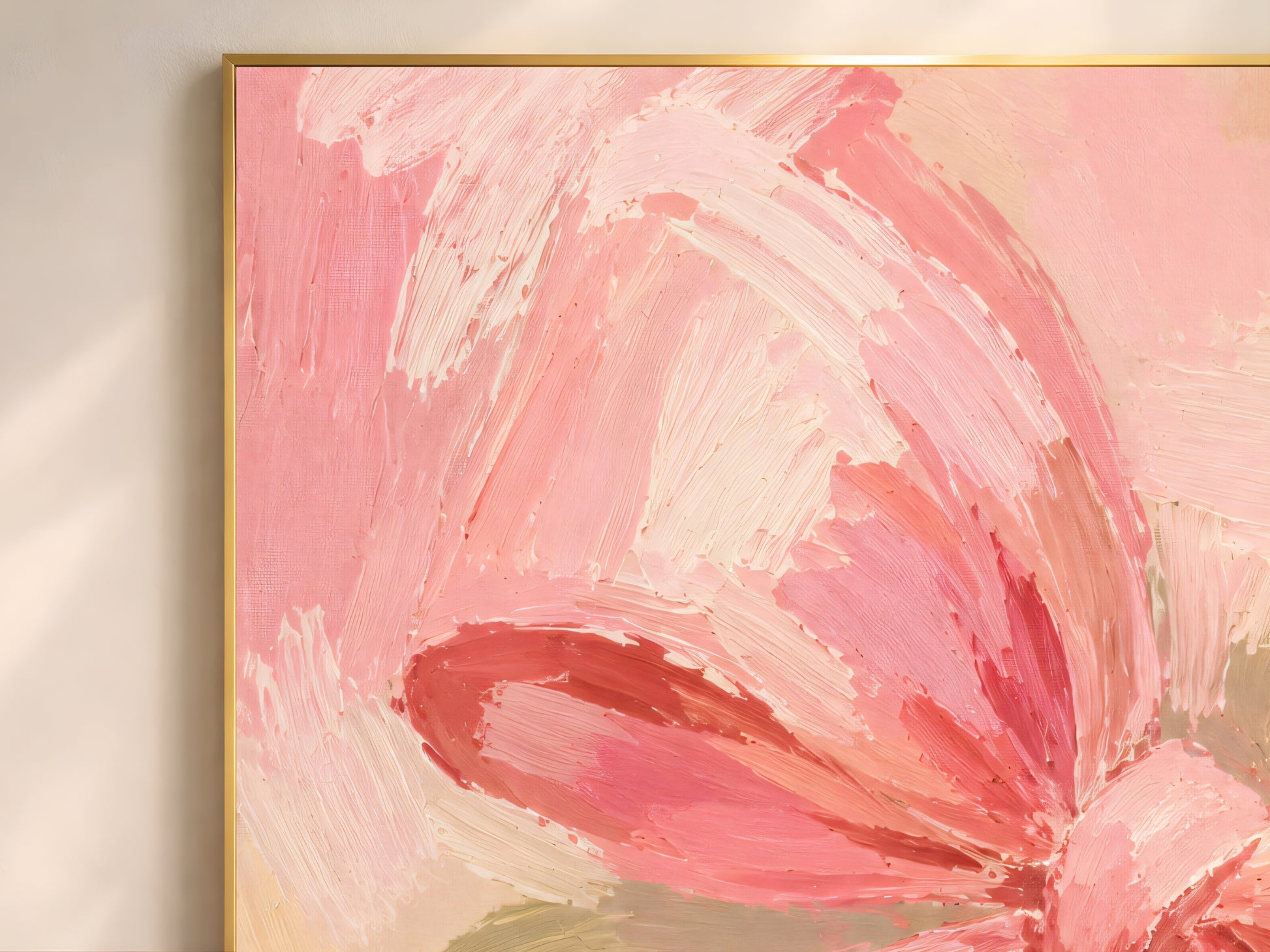 Close-up of pink impasto cherry bow wall art showing thick textured brushstrokes in blush and deep rose