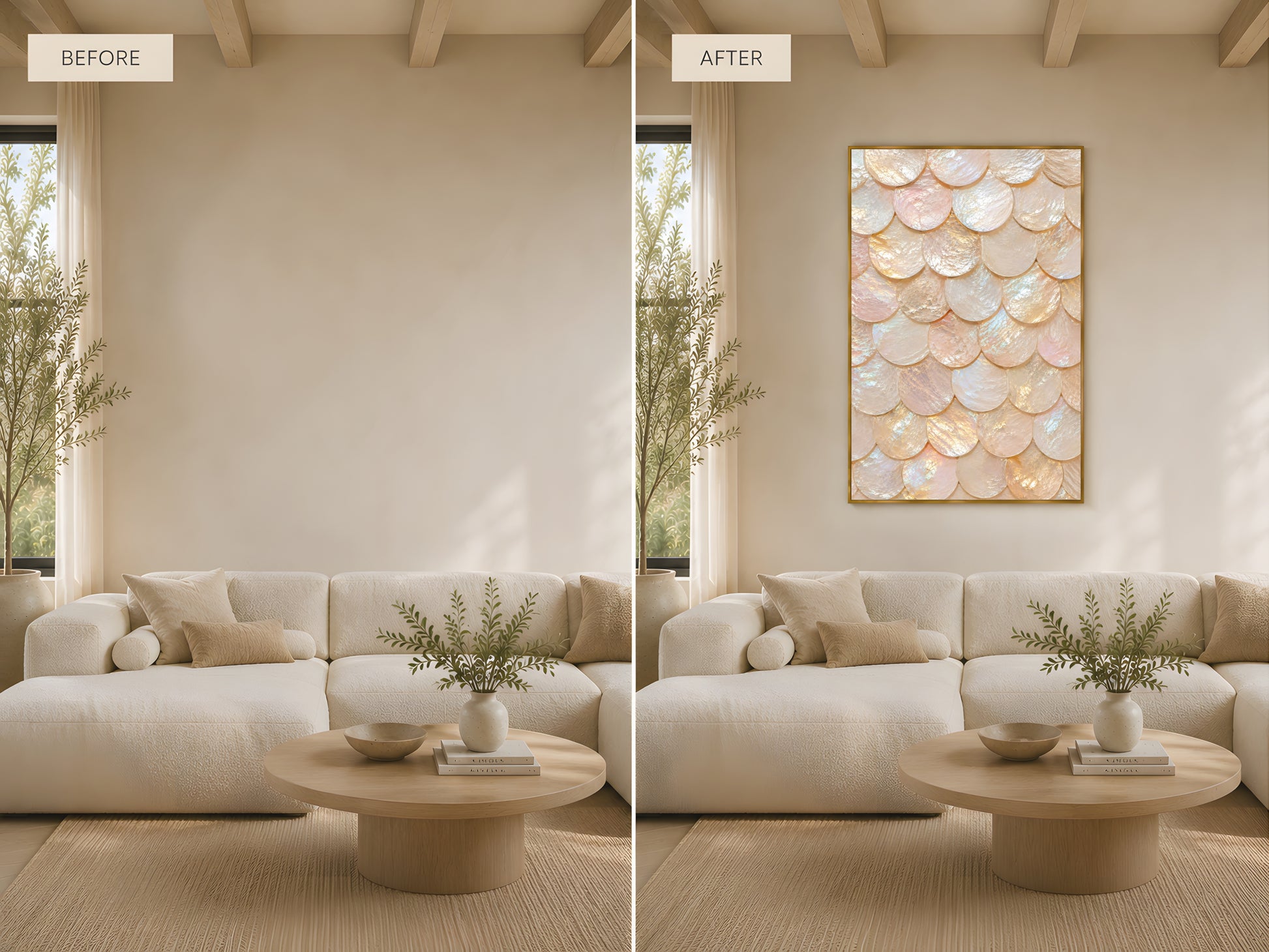Capiz shell wall art size comparison showing small and large print options in neutral coastal living room