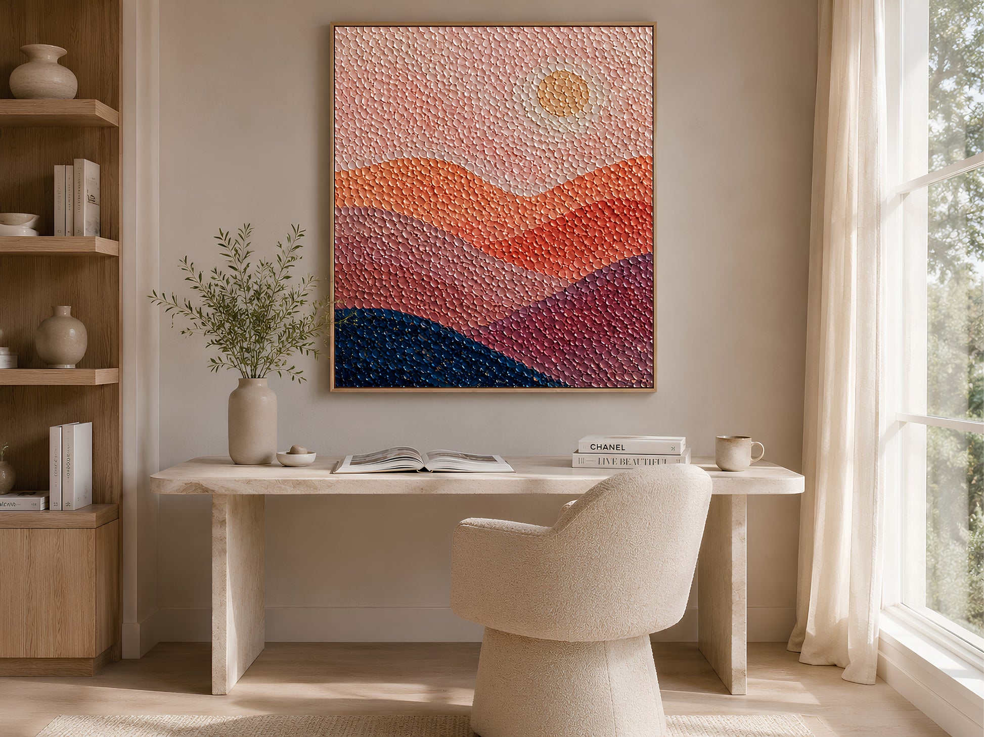 Abstract pointillist sunset print displayed in a bright Japandi home office with white desk, minimal accessories, and soft natural light

