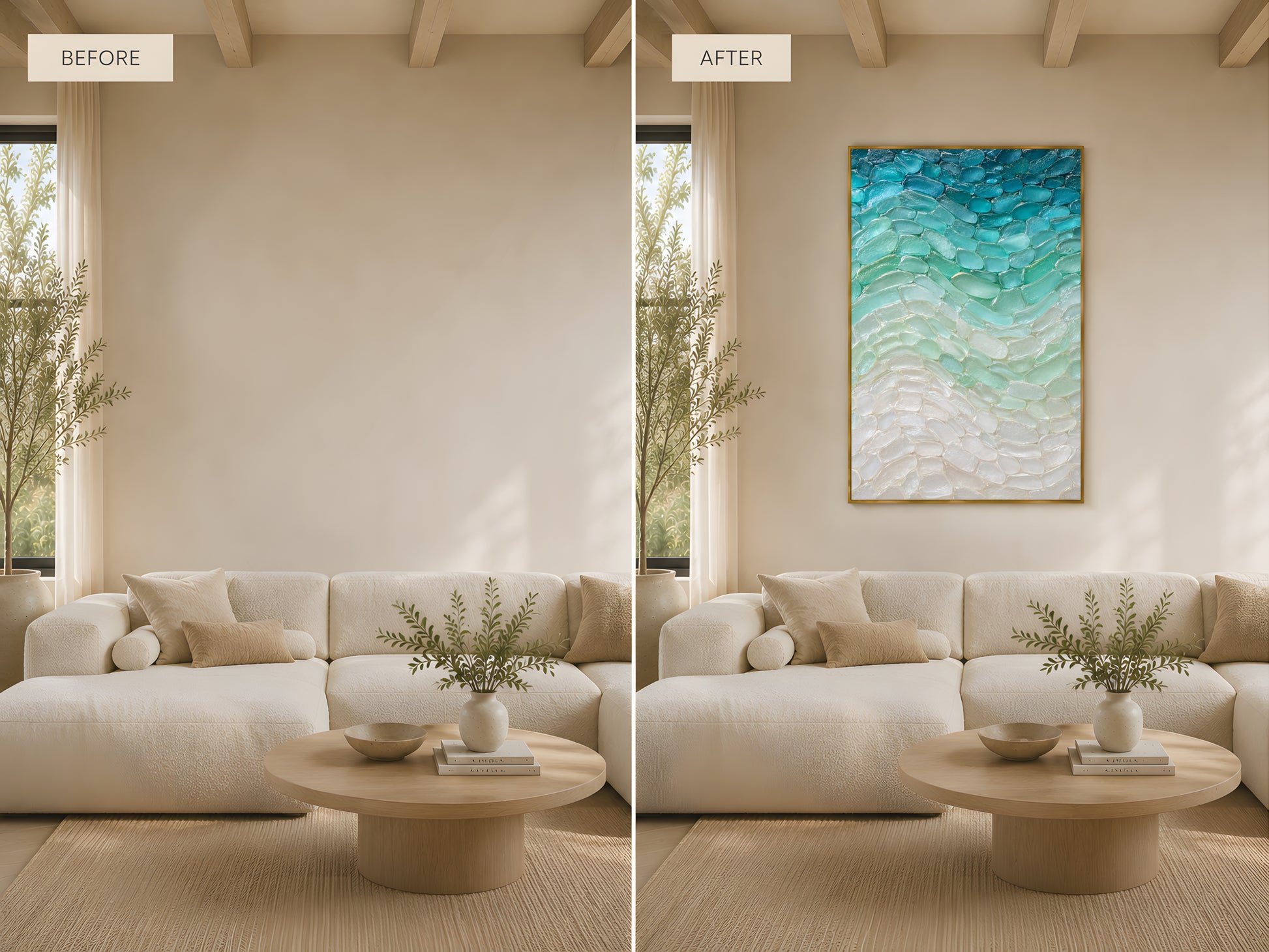 Sea glass wall art size comparison showing small and large print in coastal living room with white sofa