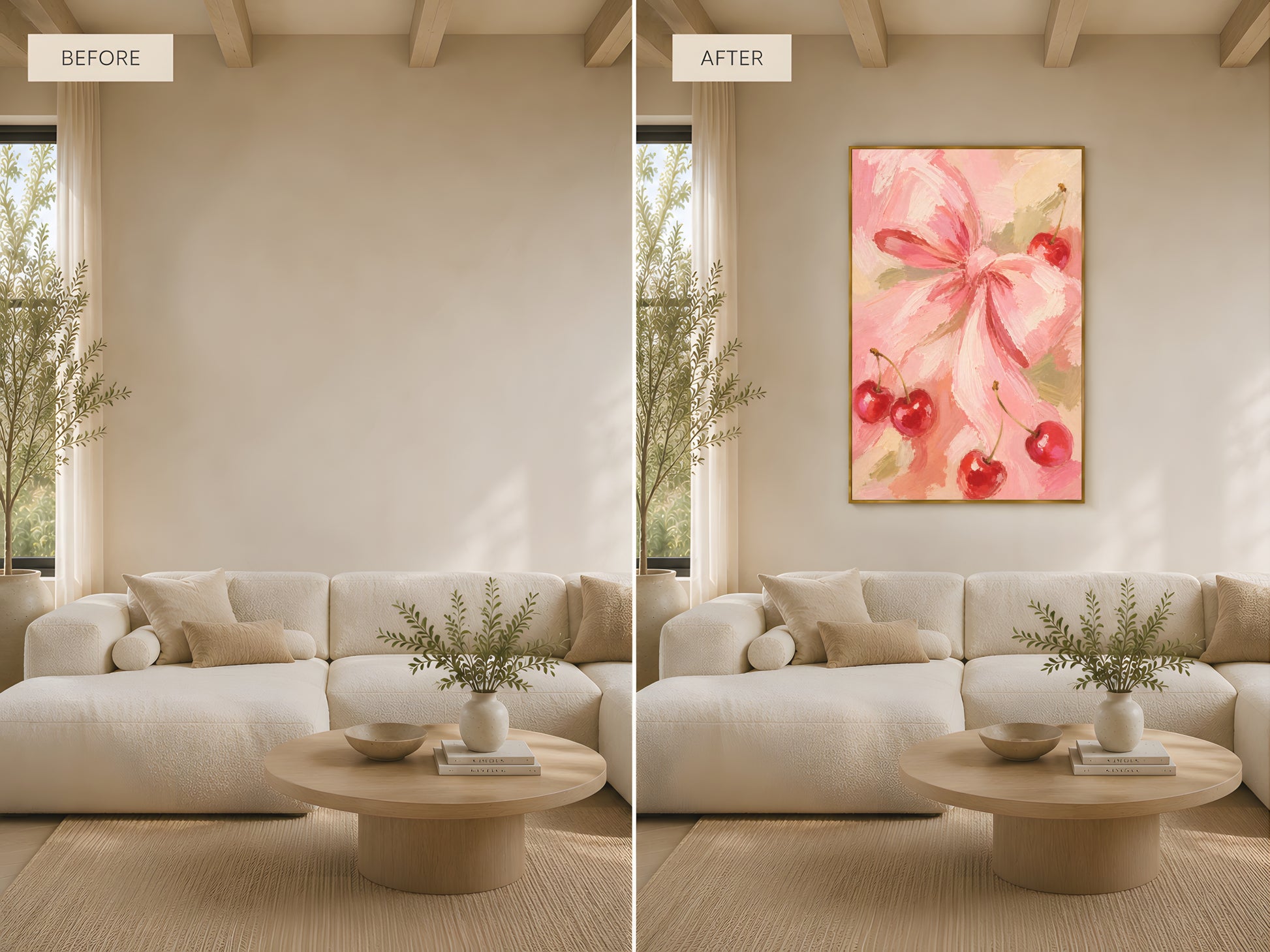 Before and after room styling comparison showing cherry bow coquette print above a cream sofa