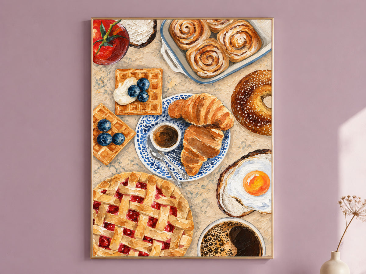 Brunch flat lay wall art with pastries and coffee in a mauve living room