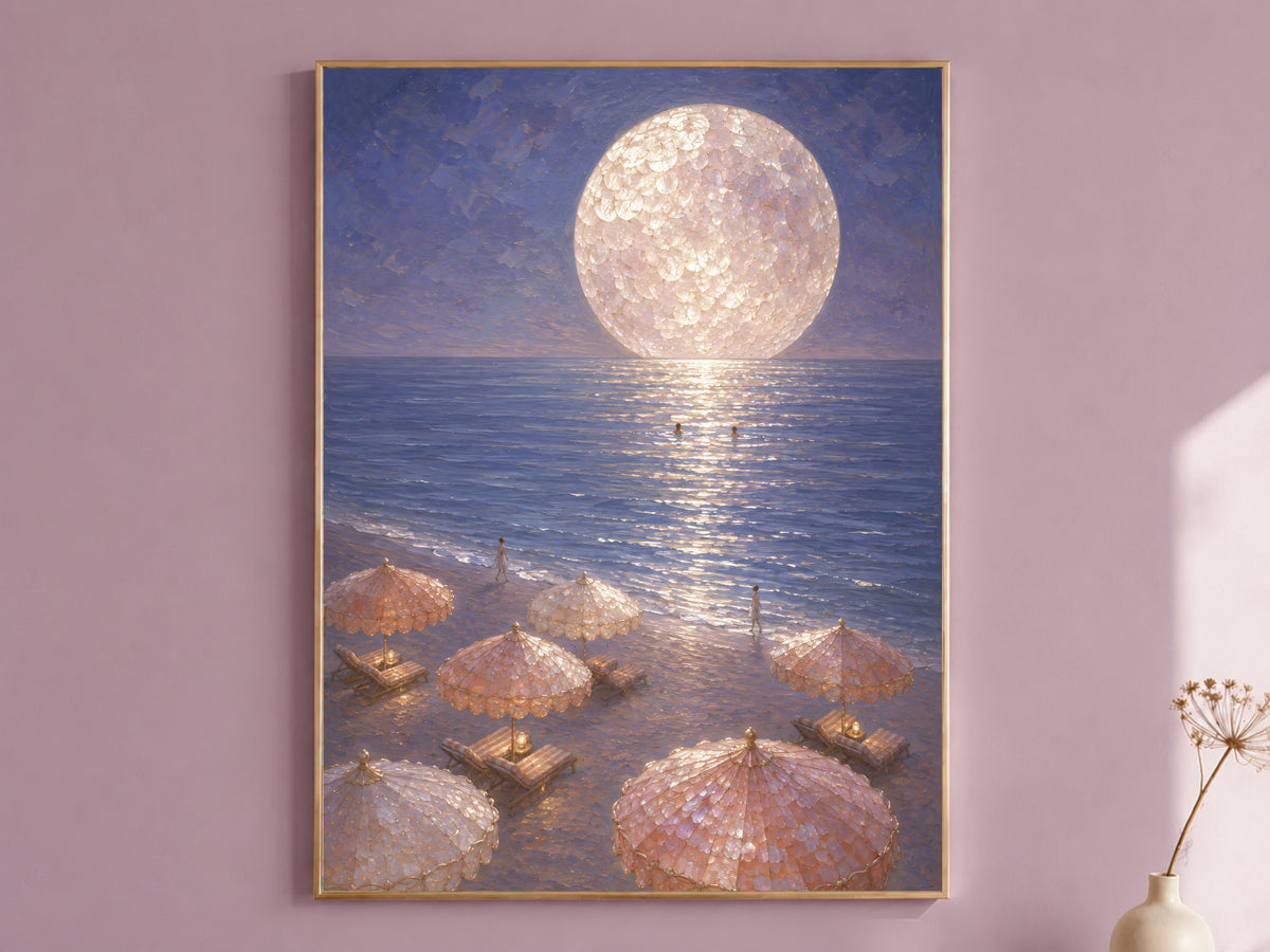Moonlit Beach Wall Art, Coastal Grandmother Print - Digital Download