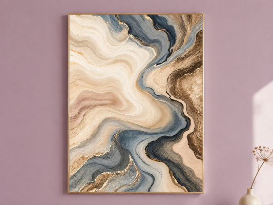 Blue Gray and Beige Abstract Wall Art, Slate Blue and Brown Marble Swirl Print with Gold Veins, Printable Neutral Decor, Digital Download