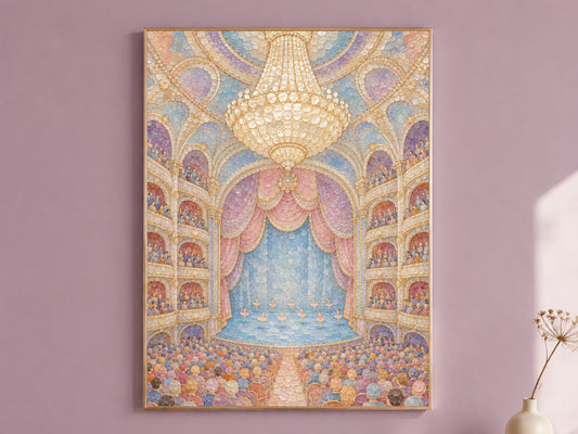 Pastel Ballet Theater Wall Art, Whimsical Mosaic Opera House Print - Digital Download
