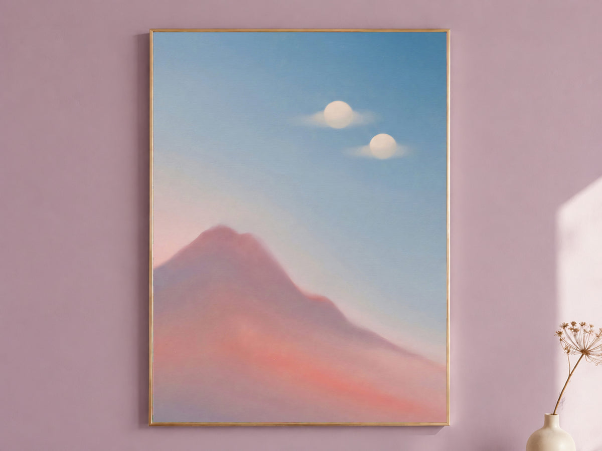 Surreal Mountain Oil Painting, Two Moons Wall Art, Pastel Pink Blue Dreamy Landscape Print, Minimalist Celestial Decor, Instant Download