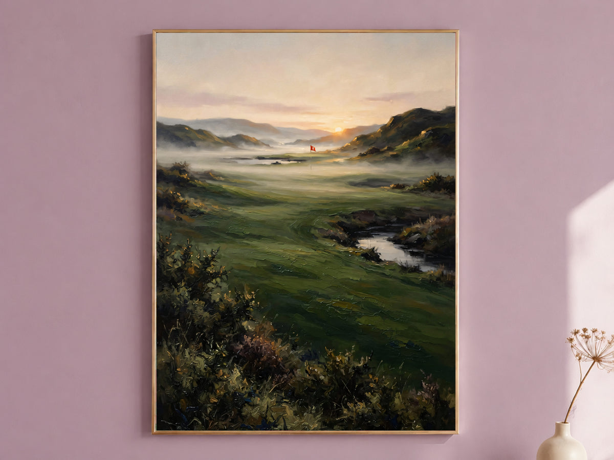 Scottish Golf Course Wall Art, Misty Fairway Oil Painting - Digital Download
