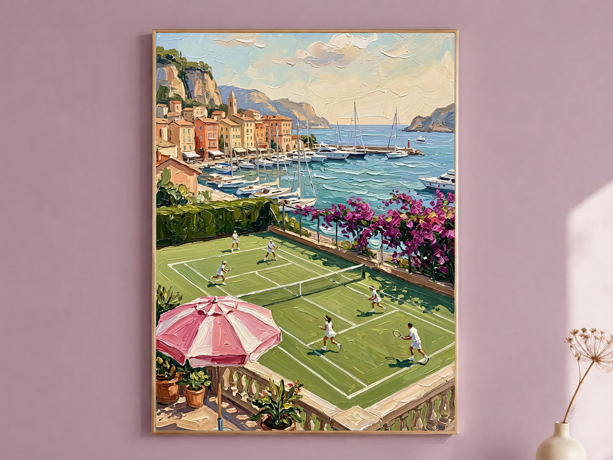 French Riviera Tennis Court Print, Old Money Aesthetic Wall Art - Digital Download