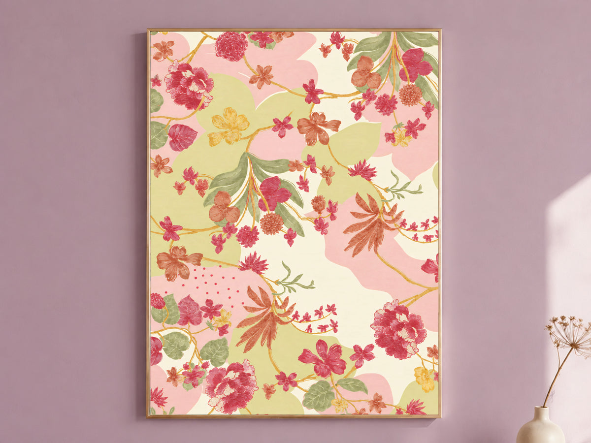 Pink and Green Floral Wall Art, Vintage Botanical Pattern Print, Grandmillennial Chinoiserie Style Flowers, Printable Digital Download