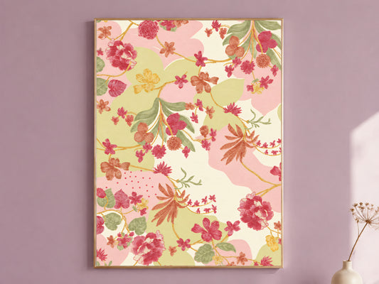 Pink and Green Floral Wall Art, Vintage Botanical Pattern Print, Grandmillennial Chinoiserie Style Flowers, Printable Digital Download