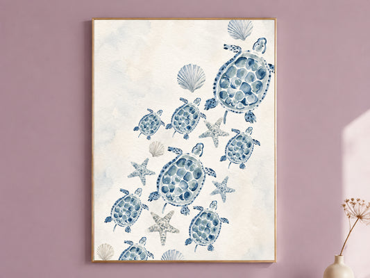 Sea Turtle Nursery Wall Art, Watercolor Blue Coastal Print - Digital Download