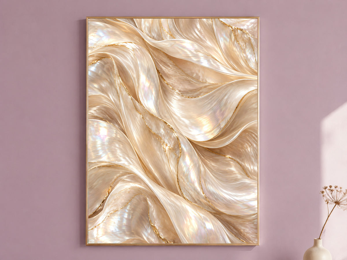 Pearl Abstract Wall Art, Champagne Gold Wave Print, Neutral Iridescent Swirl, Cream Living Room Decor, Above Sofa Poster, Instant Download