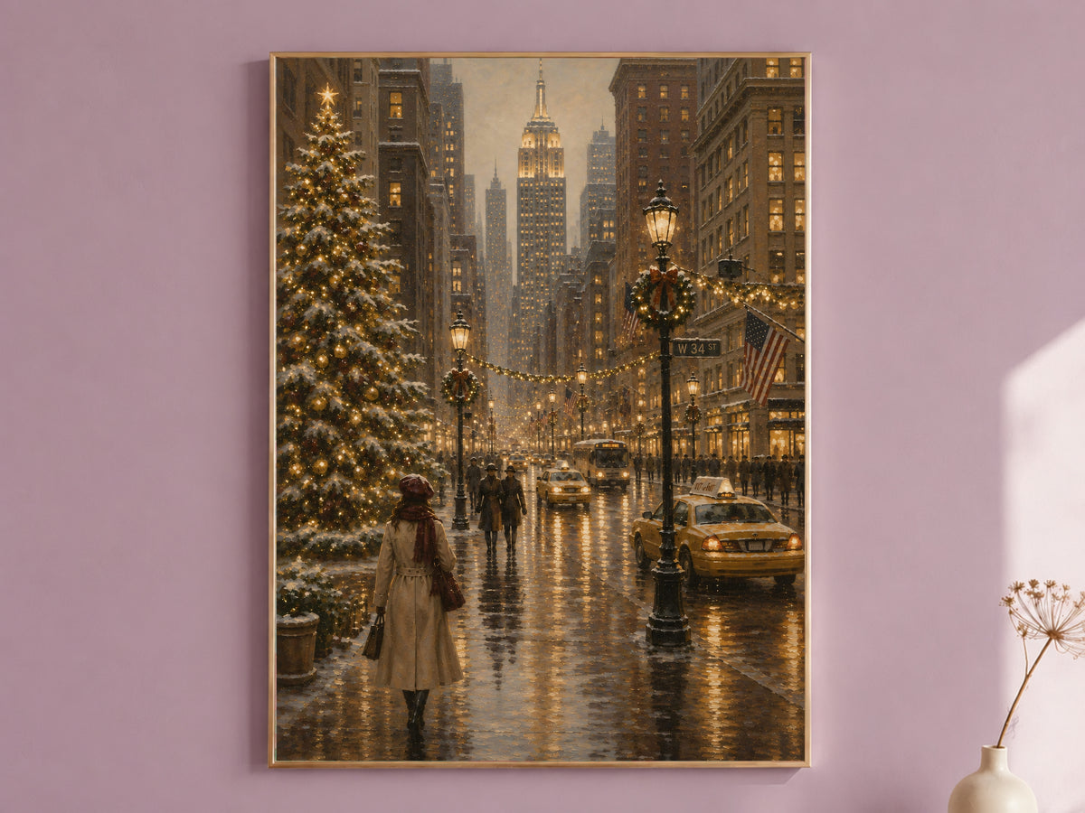 NYC Christmas tree wall art oil painting print in thin gold frame on mauve pink wall, gallery wall art mockup