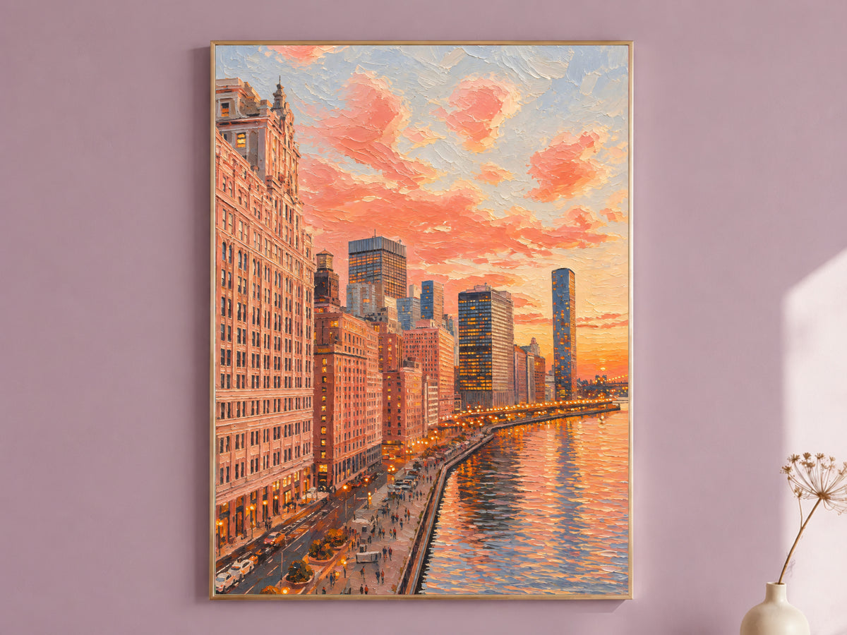 City skyline sunset wall art with pink cityscape in a mauve living room