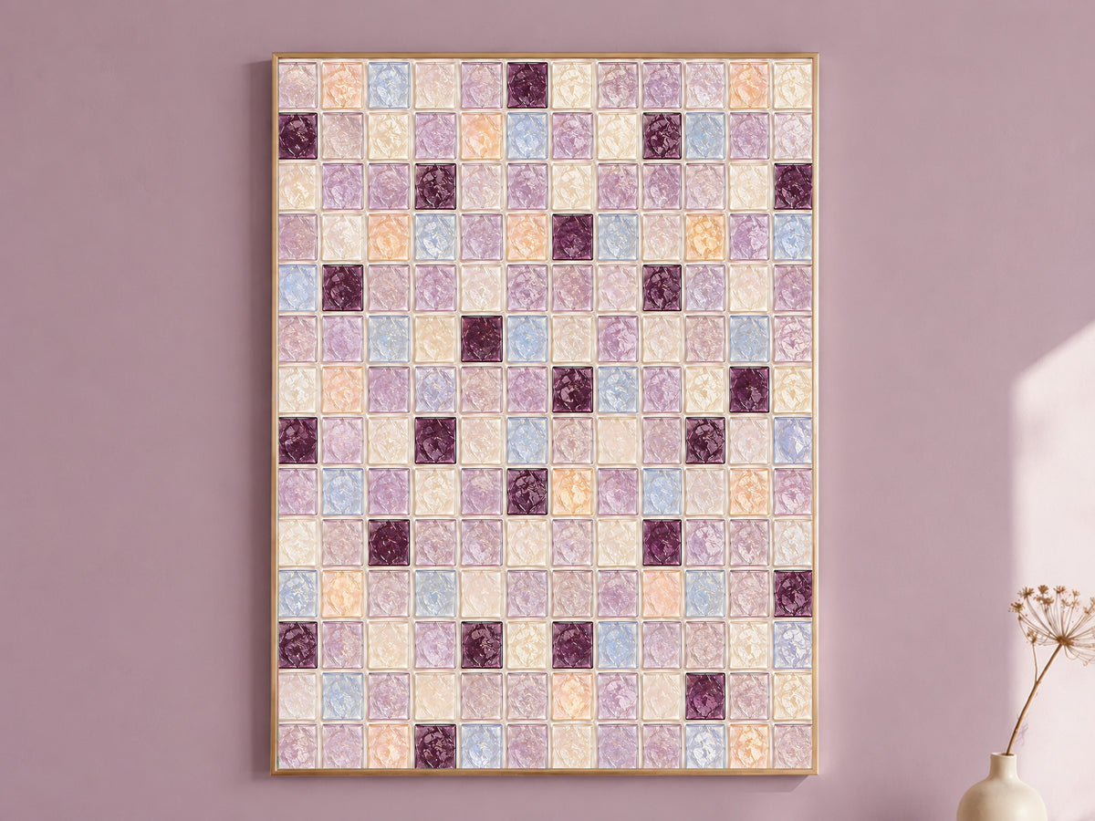 Plum lavender mosaic wall art print in a thin gold frame hanging on a mauve wall, styled with a small vase of dried flowers