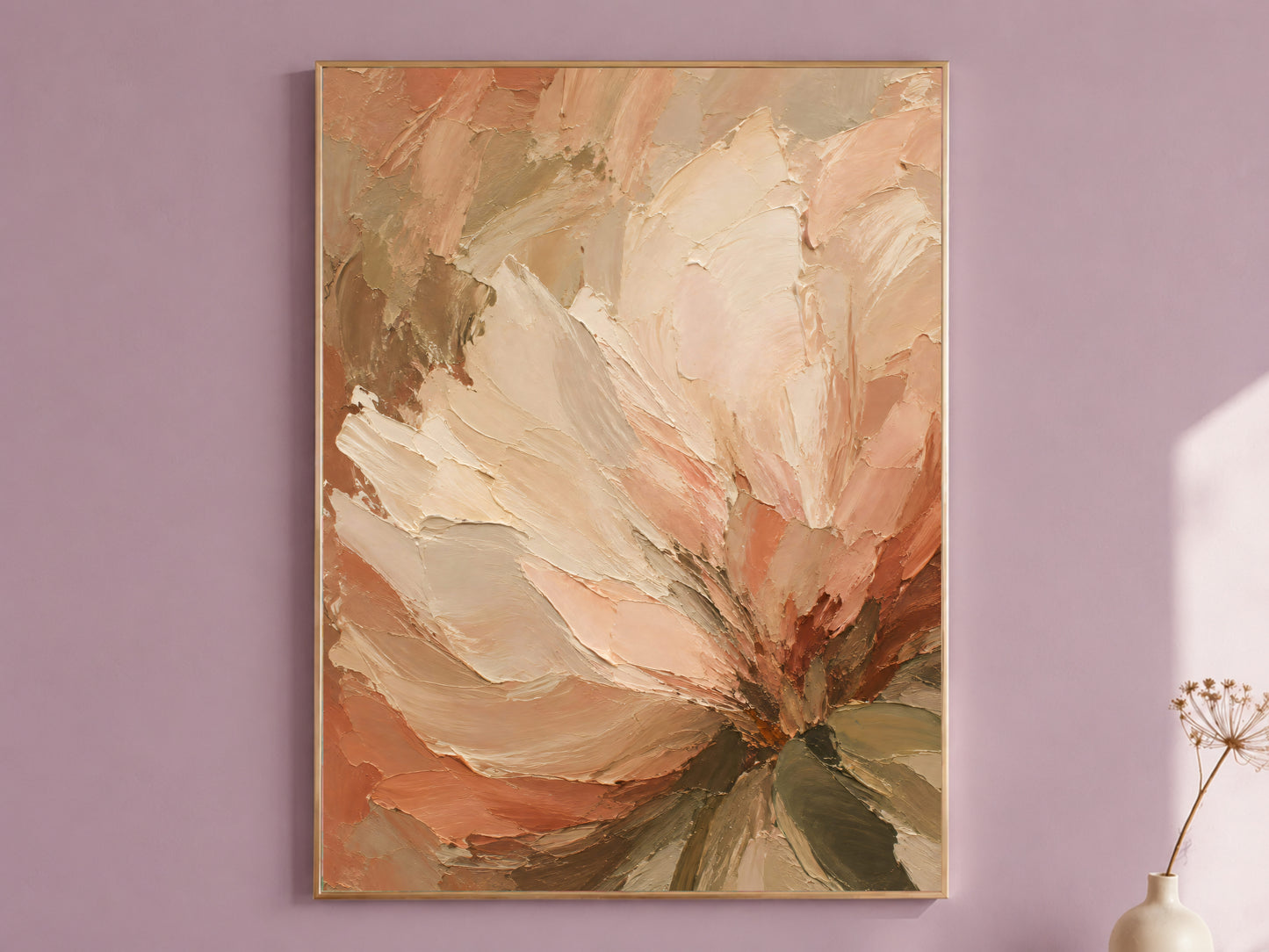Framed terracotta and blush textured impasto peony painting print hanging on a mauve wall