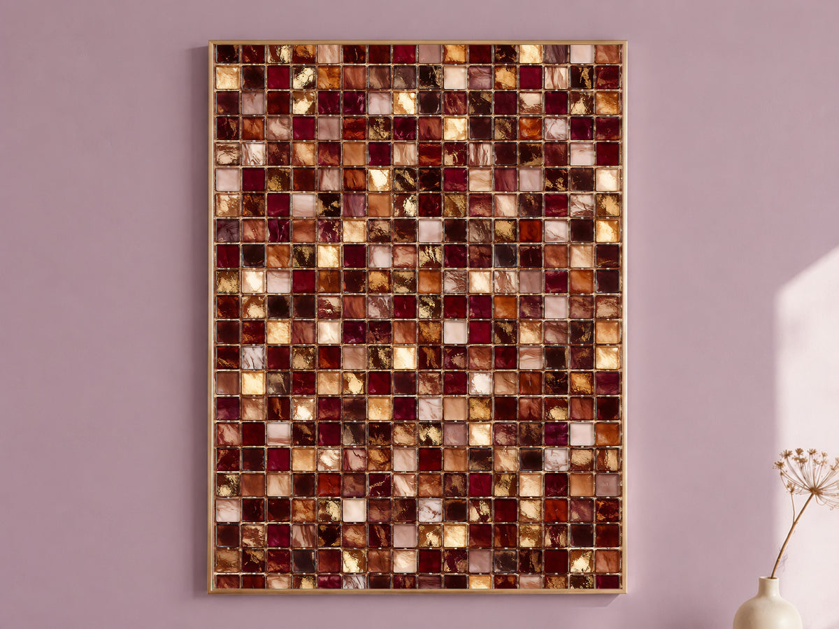 Burgundy and Gold Mosaic Tile Wall Art Print, Wine Red, Blush and Amber Tile Grid Painting, Printable Moody Warm Decor, Digital Download