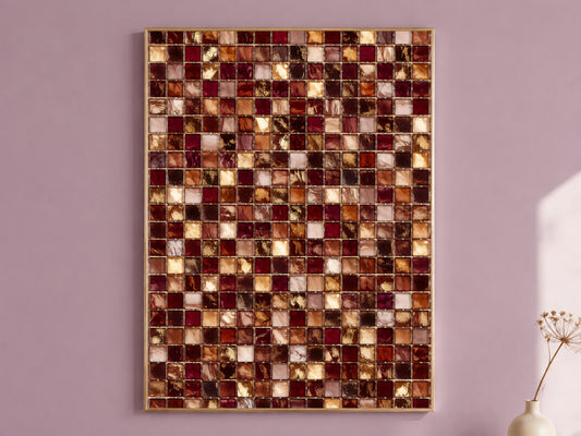 Burgundy and Gold Mosaic Tile Wall Art Print, Wine Red, Blush and Amber Tile Grid Painting, Printable Moody Warm Decor, Digital Download