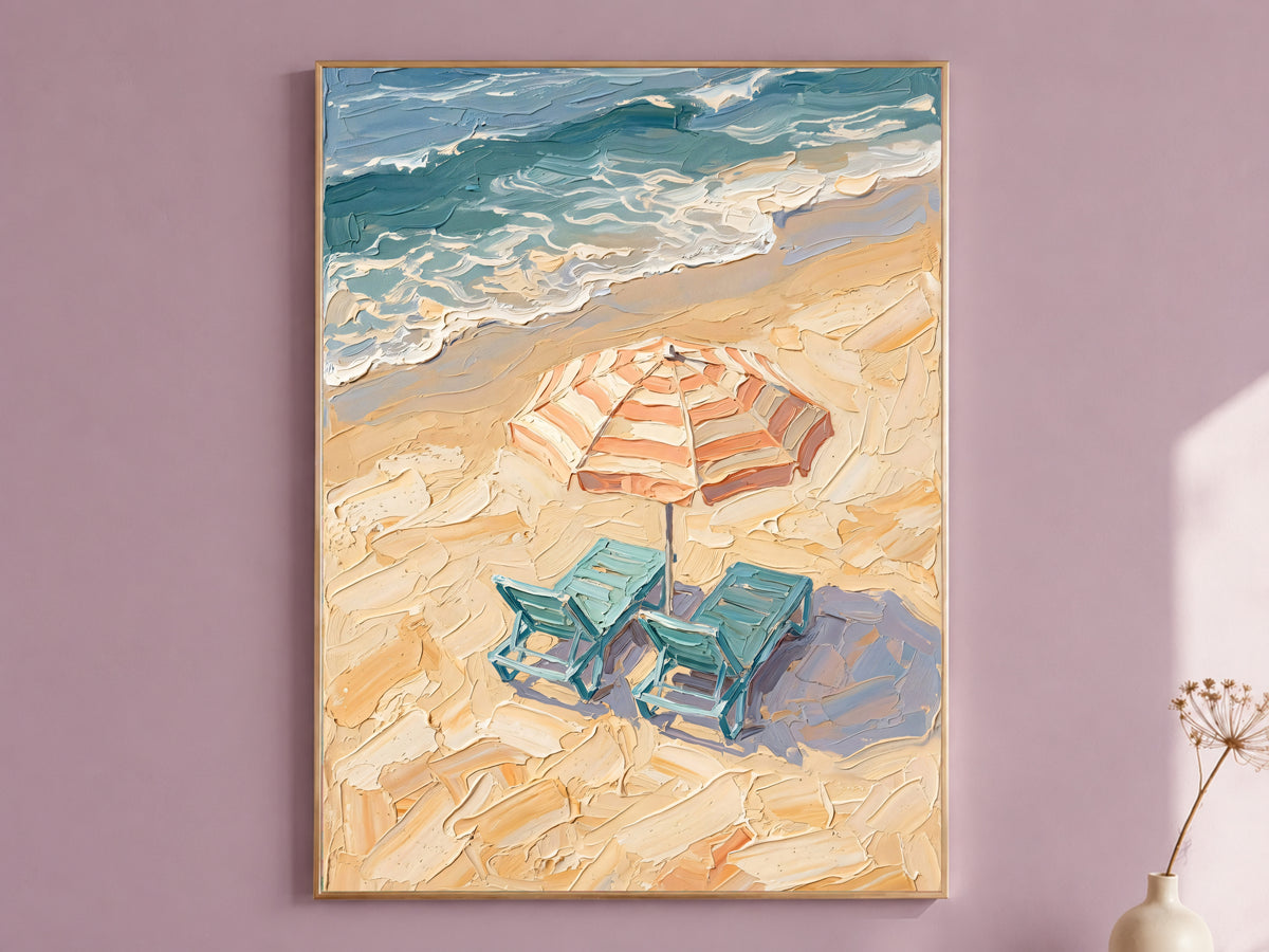 Beach Umbrella Painting Print, Striped Parasol Seaside Art, Textured Coastal Wall Art, Printable Digital Download