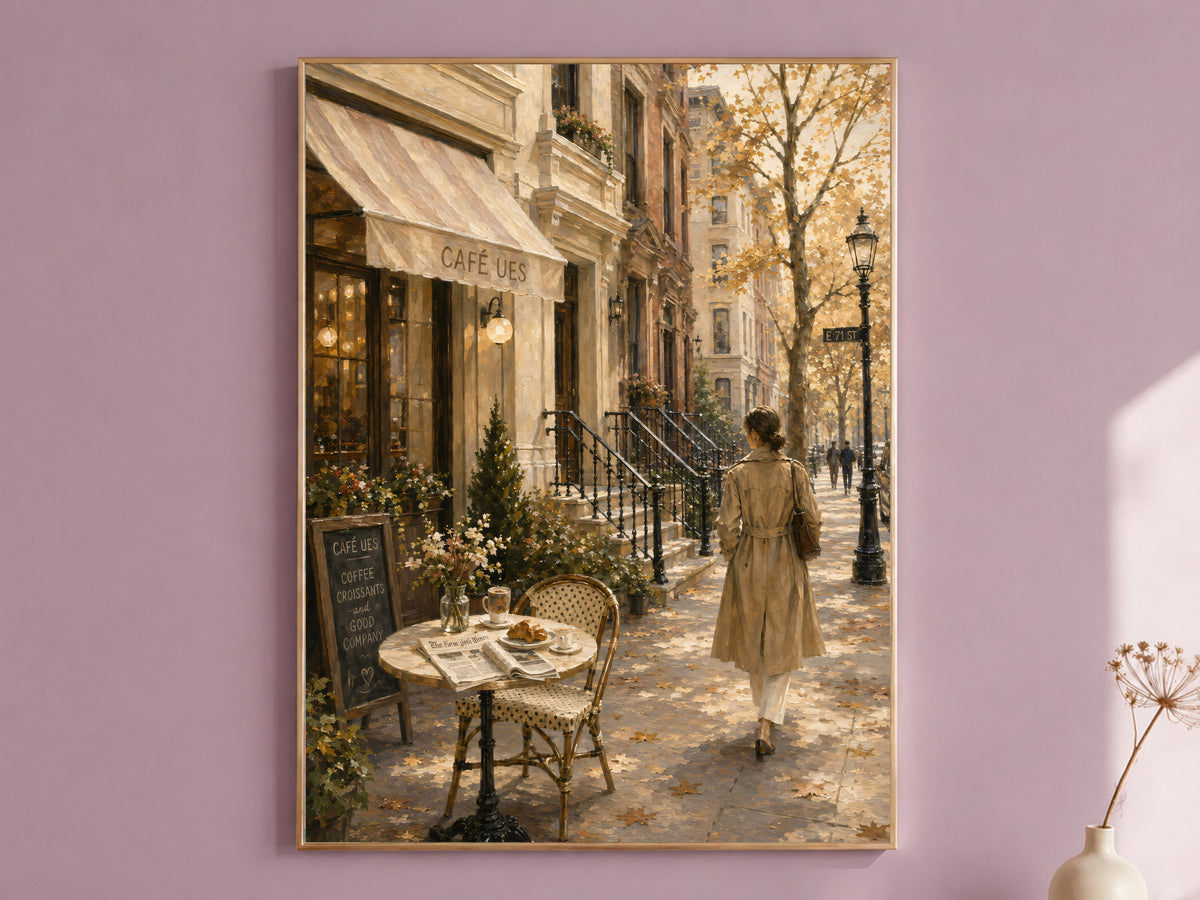 Upper East Side autumn cafe NYC oil painting print in thin gold frame on mauve pink wall, gallery wall art mockup
