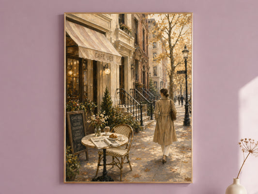 Upper East Side autumn cafe NYC oil painting print in thin gold frame on mauve pink wall, gallery wall art mockup
