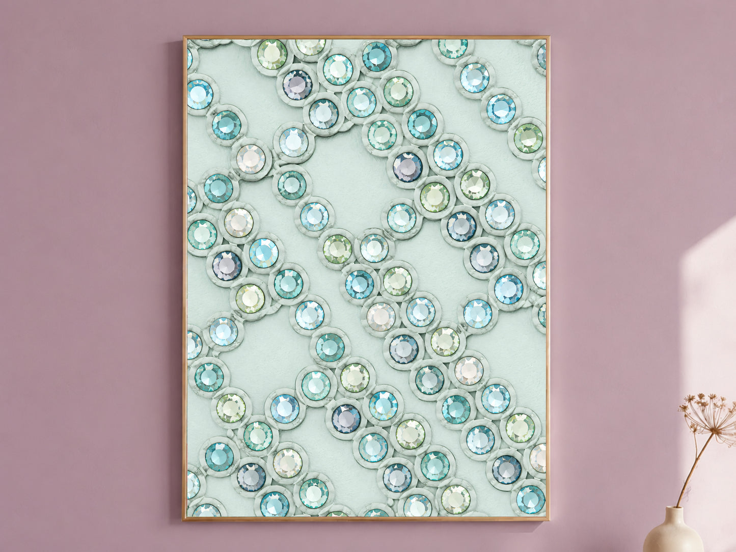 Framed crystal gemstone wall art with seafoam aqua rhinestone chevron pattern, styled on a dusty mauve wall