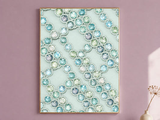 Framed crystal gemstone wall art with seafoam aqua rhinestone chevron pattern, styled on a dusty mauve wall