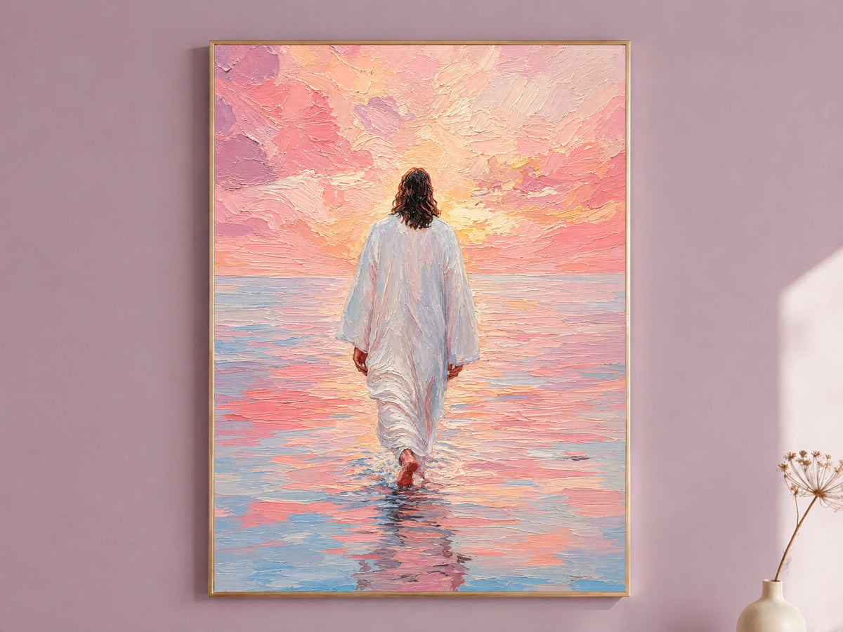 Jesus walking on water wall art with pastel sunset in a mauve living room