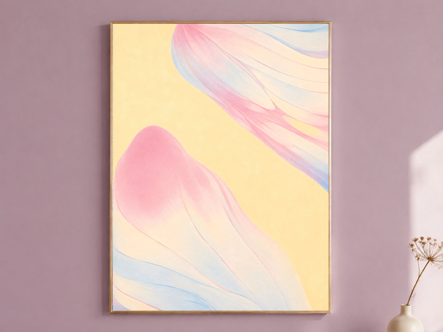 Pastel gradient wall art in gold frame on mauve wall, pink and blue abstract print