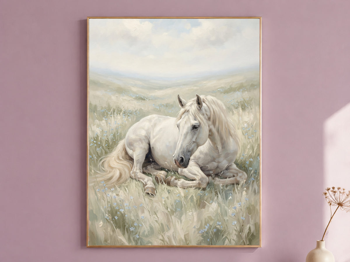 White Horse Wall Art, Wildflower Meadow Oil Painting Print - Digital Download