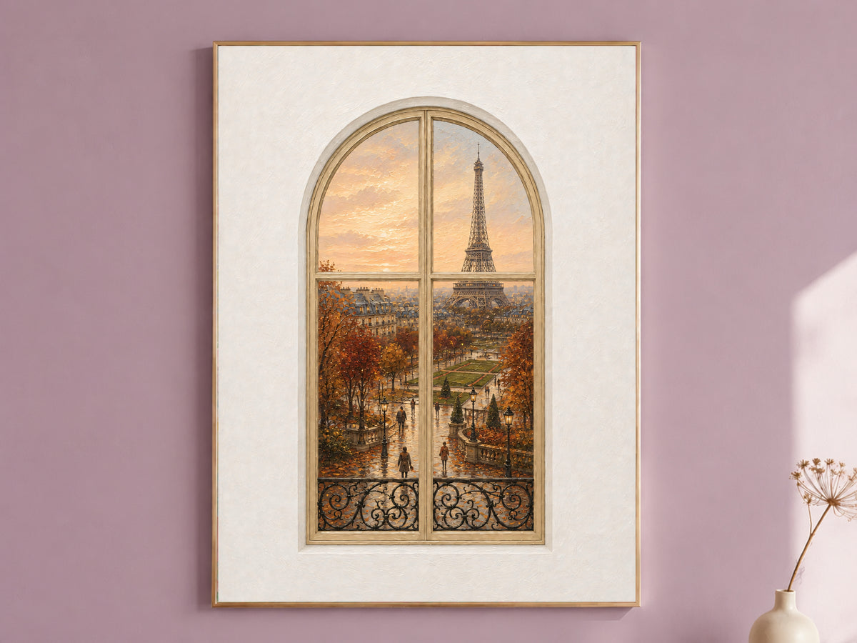 Paris Window Wall Art, Eiffel Tower Autumn Sunset Print - Digital Download