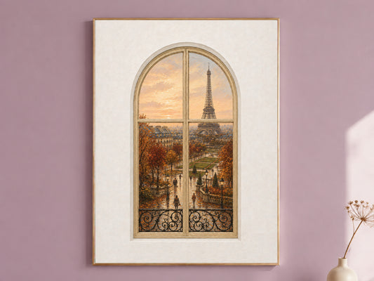 Paris Window Wall Art, Eiffel Tower Autumn Sunset Print - Digital Download